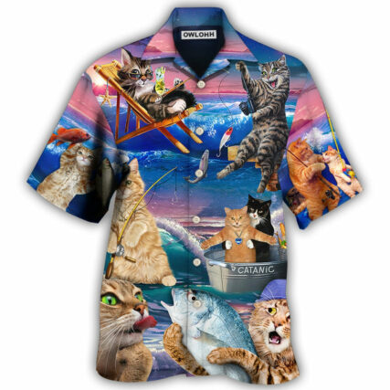 Fishing Cat Cute Beach Art Style - Hawaiian Shirt - Owl Ohh - Owl Ohh