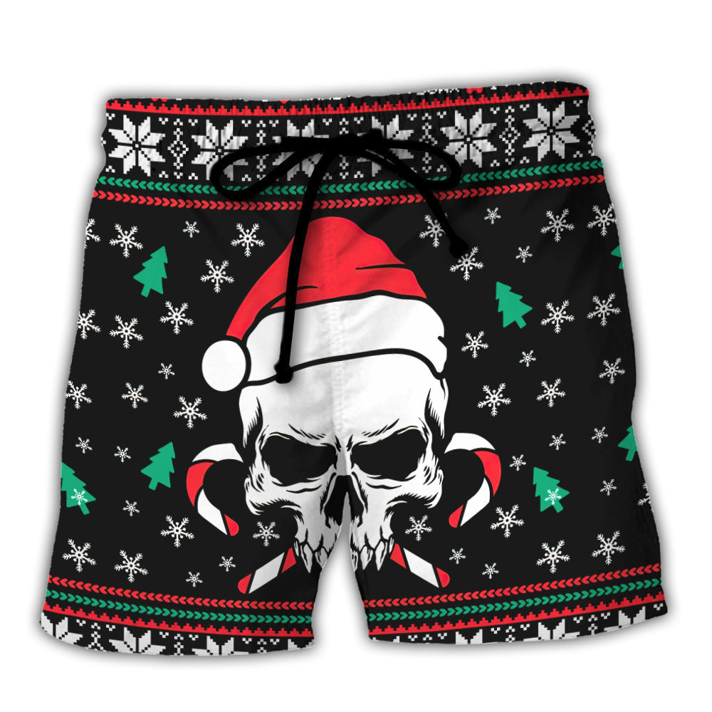 Christmas Skull Wearing Santa Claus Hat And Sweat Candy - Beach Short - Owl Ohh - Owl Ohh