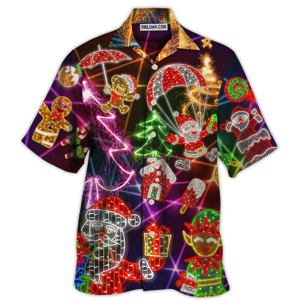 Christmas Funny Santa Claus Tree Elf Gingerbread Neon Light Style - Hawaiian Shirt - Owl Ohh - Owl Ohh