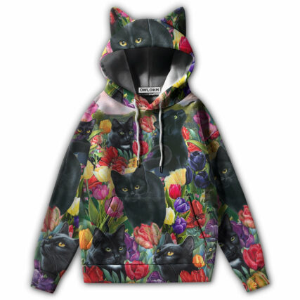 Black Cat Love Flowers Color - Ears Hoodie - Owl Ohh - Owl Ohh
