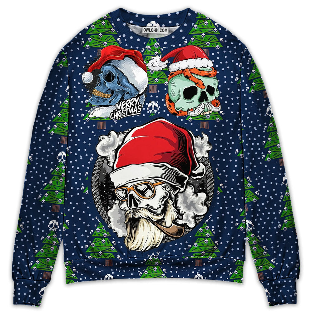 Christmas Skull With Santa Hat Merry Christmas Snow - Sweater - Ugly Christmas Sweaters - Owl Ohh - Owl Ohh