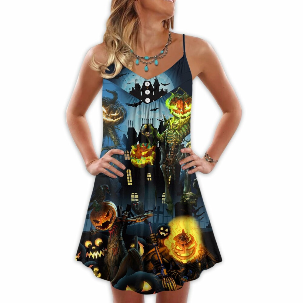 Halloween Pumpkin Scary Sky Night - V-neck Sleeveless Cami Dress - Owl Ohh - Owl Ohh