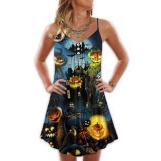 Halloween Pumpkin Scary Sky Night - V-neck Sleeveless Cami Dress - Owl Ohh - Owl Ohh