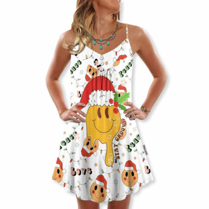 Christmas Hippie Groovy Santa Claus Smile Face - V-neck Sleeveless Cami Dress - Owl Ohh - Owl Ohh