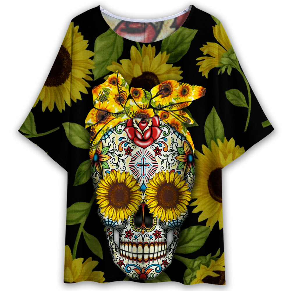 Skull Sunflower Pattern Style - Women's T-shirt With Bat Sleeve - Owl Ohh - Owl Ohh