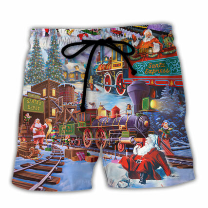 Christmas Holiday Santa Claus in a Train - Beach Short - Owl Ohh - Owl Ohh
