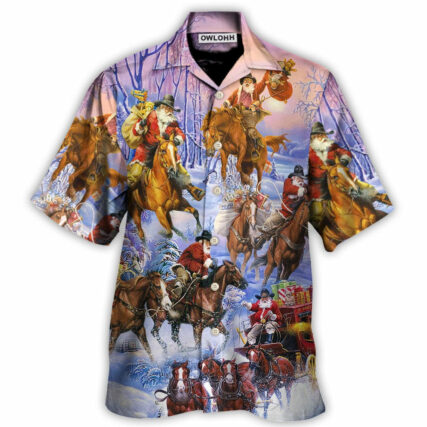 Christmas Santa And Horse Ho Ho Ho Everywhere Merry Xmas - Hawaiian Shirt - Owl Ohh for men and women, kids - Owl Ohh