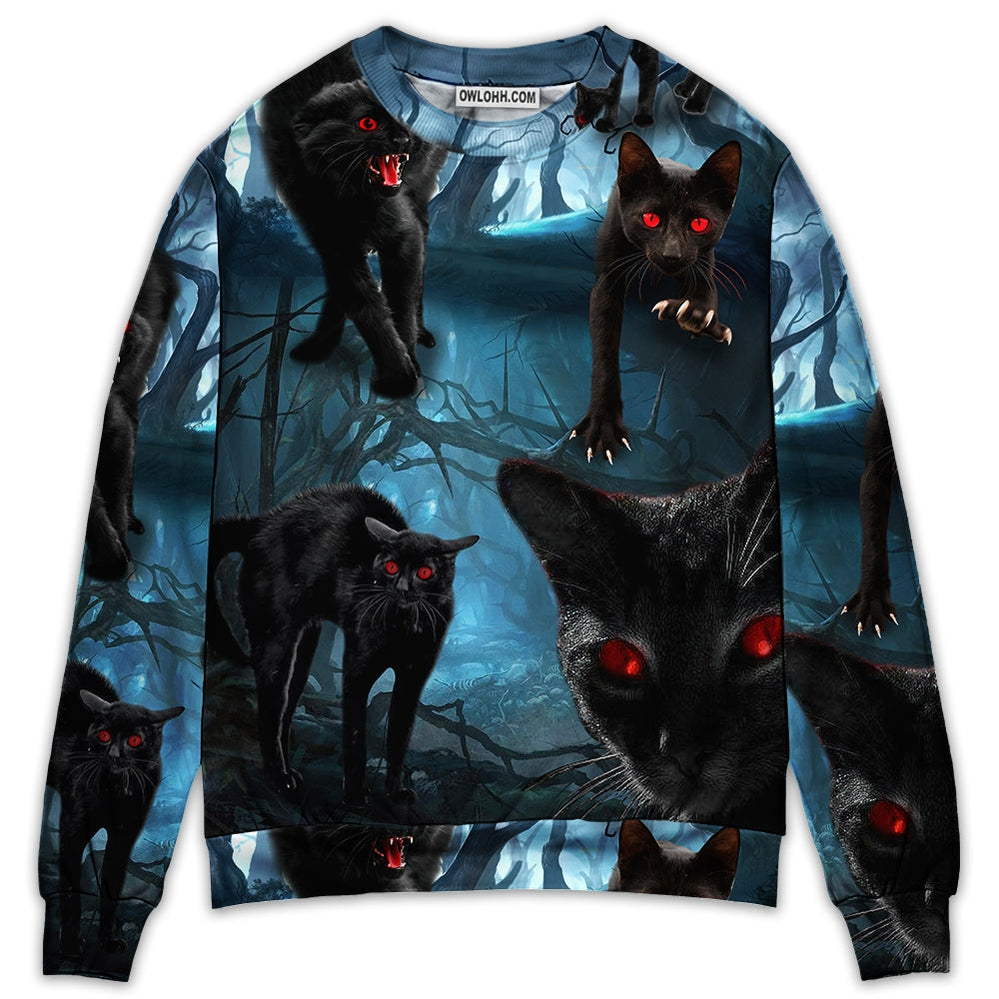 Halloween Black Cat Scary Style - Sweater - Ugly Christmas Sweaters - Owl Ohh - Owl Ohh