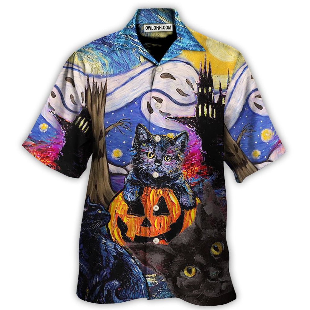 Halloween Black Cat Starry Night Funny Cat Painting Art Style - Hawaiian Shirt - Owl Ohh - Owl Ohh