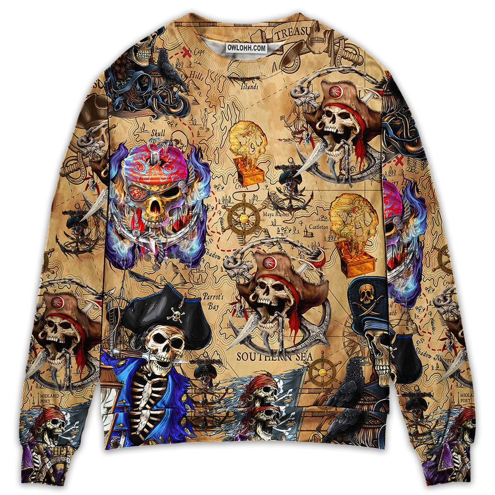 Skull Pirate Hunting Treasure Map - Sweater - Ugly Christmas Sweaters - Owl Ohh - Owl Ohh