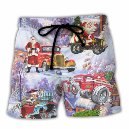 Santa Hot Rod Christmas Tree Merry Xmas - Beach Short - Owl Ohh - Owl Ohh