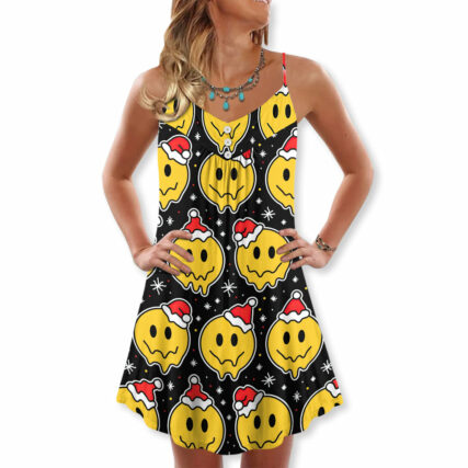 Christmas Smile Happy Face With Santa Hat - V-neck Sleeveless Cami Dress - Owl Ohh - Owl Ohh