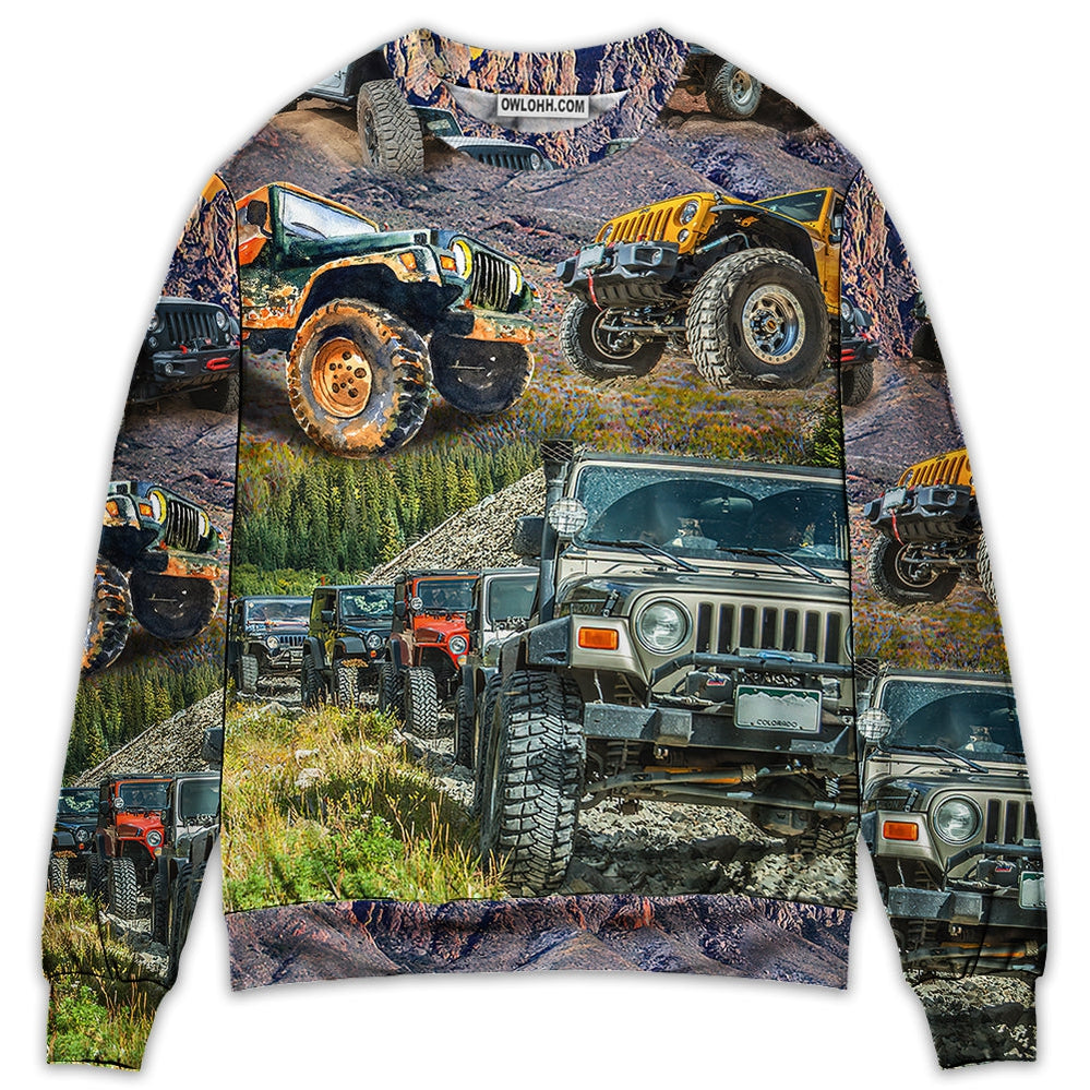 Jeep In The Mountain Sunset Vintage Art Style - Sweater - Ugly Christmas Sweaters - Owl Ohh - Owl Ohh