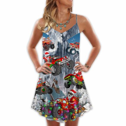 Christmas Santa Claus Driving Red Truck Light Art Style - V-neck Sleeveless Cami Dress - Owl Ohh - Owl Ohh