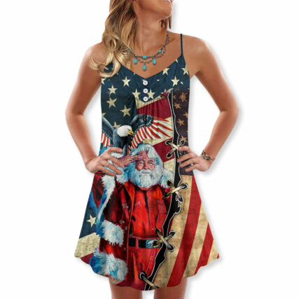 Christmas Patriot Santa Claus - V-neck Sleeveless Cami Dress - Owl Ohh - Owl Ohh