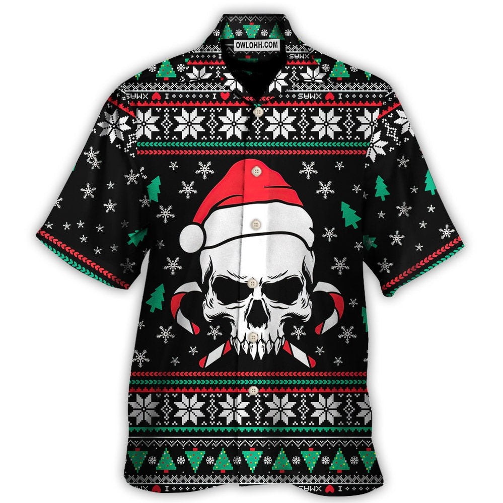 Christmas Skull Wearing Santa Claus Hat And Sweat Candy - Hawaiian Shirt - Owl Ohh for men and women, kids - Owl Ohh