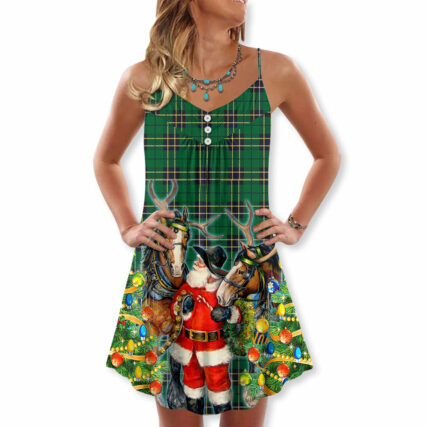 Santa Cowboy Christmas Green Style - V-neck Sleeveless Cami Dress - Owl Ohh - Owl Ohh