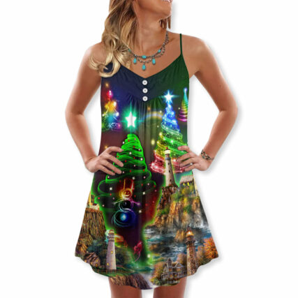 Christmas Lighthouse And Merry Christmas Happy - V-neck Sleeveless Cami Dress - Owl Ohh - Owl Ohh