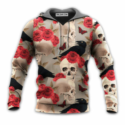 Skull With Rose Flower And Raven Gothic Style- Hoodie - Owl Ohh - Owl Ohh