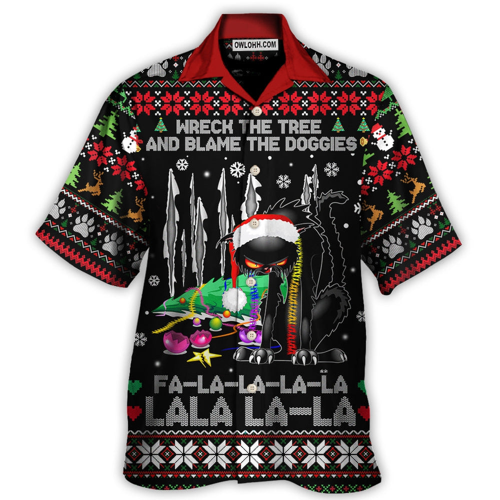 Black Cat Wreck The Tree Light Funny Ugly Style Christmas - Hawaiian Shirt - Owl Ohh - Owl Ohh