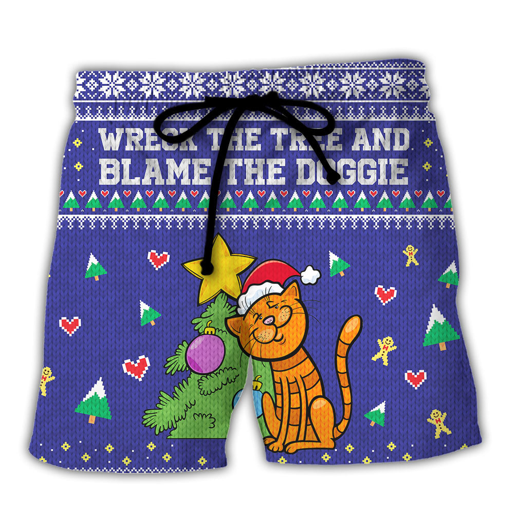 Cat Wreck The Tree And Blame The Doggie Christmas - Beach Short - Owl Ohh - Owl Ohh