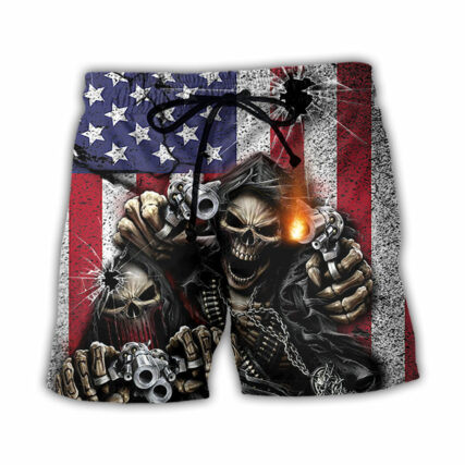 Skull Shot Gun American Flag Vintage - Beach Short - Owl Ohh - Owl Ohh