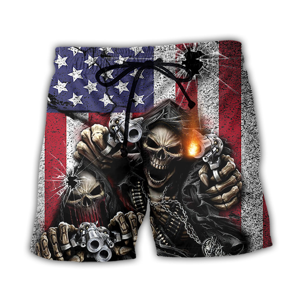 Skull Shot Gun American Flag Vintage - Beach Short - Owl Ohh - Owl Ohh
