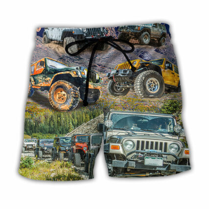 Jeep In The Moutain Sunset Vintage Art Style - Beach Short - Owl Ohh - Owl Ohh