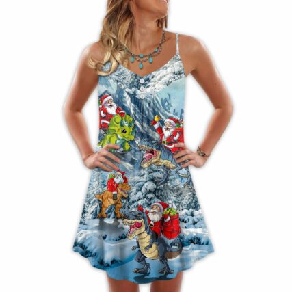 Christmas Santa Claus Riding Dinosaur Christmas Tree Gift Light Art Style - V-neck Sleeveless Cami Dress - Owl Ohh - Owl Ohh