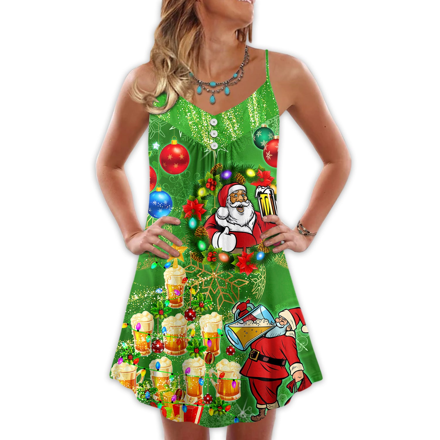 Christmas Funny Santa Claus Drinking Beer Happy Christmas Tree Green Light - V-neck - Owl Ohh - Owl Ohh