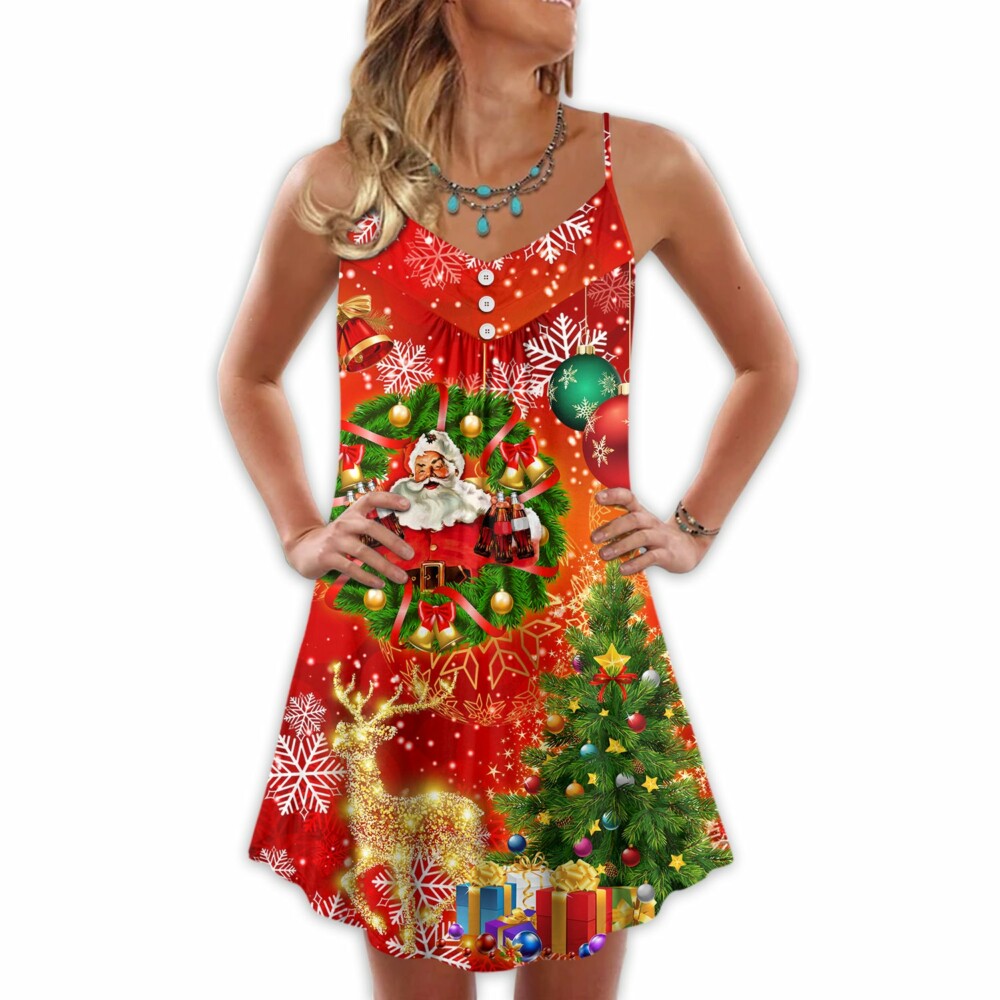 Christmas Santa Claus Drinking Christmas Tree Red Light - V-neck Sleeveless Cami Dress - Owl Ohh - Owl Ohh