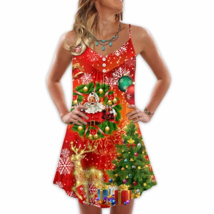 Christmas Santa Claus Drinking Christmas Tree Red Light - V-neck Sleeveless Cami Dress - Owl Ohh - Owl Ohh