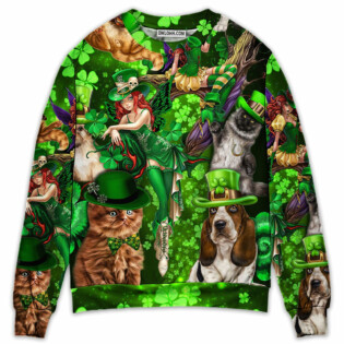Irish Cat Girl St Patrick's Day Green Light - Sweater - Ugly Christmas Sweaters - Owl Ohh - Owl Ohh