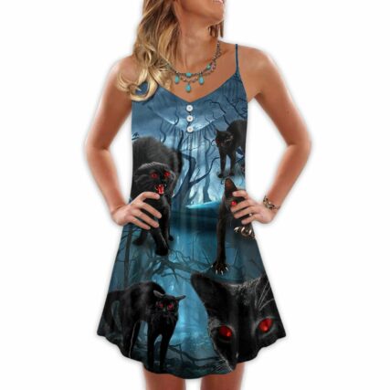 Halloween Black Cat Scary Style - V-neck Sleeveless Cami Dress - Owl Ohh - Owl Ohh