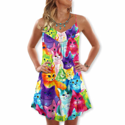Cat Colorful Little Cute Kitten Happy Life - V-neck Sleeveless Cami Dress - Owl Ohh - Owl Ohh