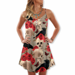 Skull With Rose Flower And Raven Gothic Style - V-neck Sleeveless Cami Dress - Owl Ohh - Owl Ohh