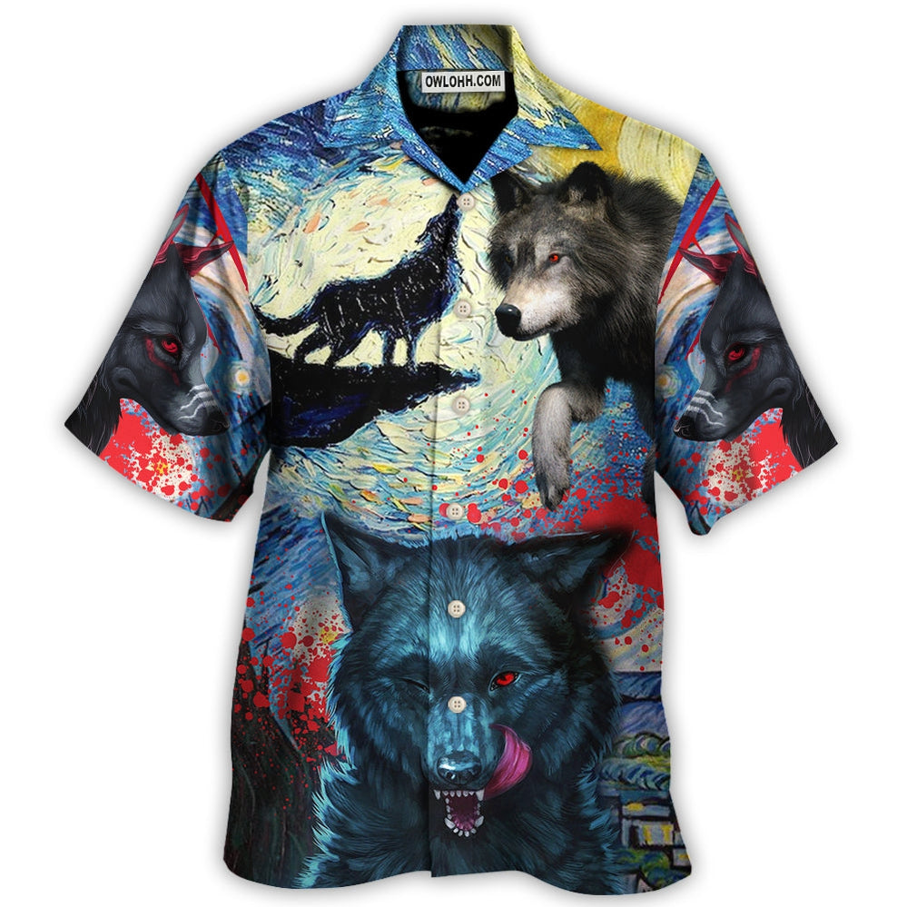 Halloween Black Wolf Crazy Starry Night Blood Art Style - Hawaiian Shirt - Owl Ohh - Owl Ohh