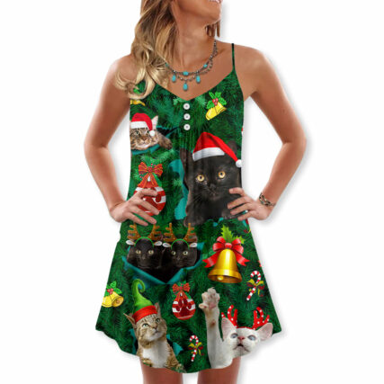 Christmas Cats Meowy Mas - V-neck Sleeveless Cami Dress - Owl Ohh - Owl Ohh