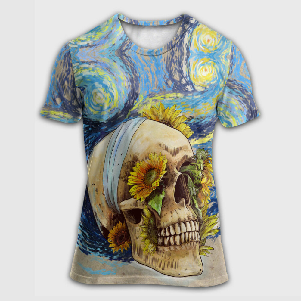 Skull And Sunflower Vintage Amazing Starry Night - Round Neck T-shirt - Owl Ohh - Owl Ohh