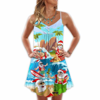 Christmas Santa Claus Play On The Beach Mele Kalikimaka Funny - V-neck Sleeveless Cami Dress - Owl Ohh - Owl Ohh