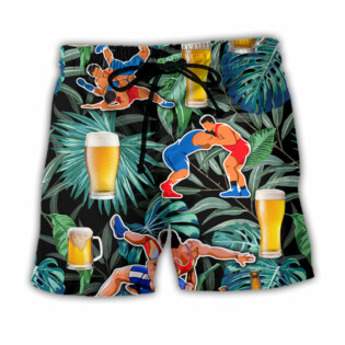 Beer And Wrestling Tropical Pattern - Beach Short - Owl Ohh - Owl Ohh