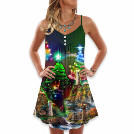 Lighthouse And Merry Christmas Happy - V-neck Sleeveless Cami Dress - Owl Ohh - Owl Ohh