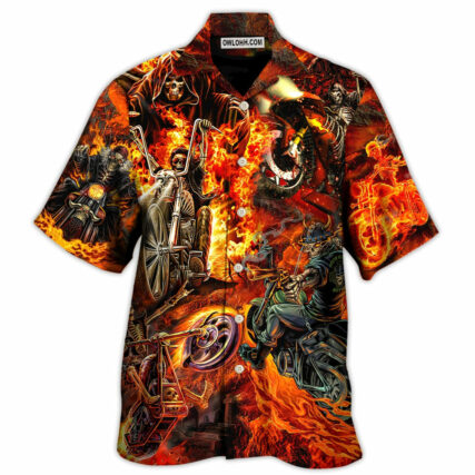 Motorcycle Lover Skull Fire Burning Art Style - Hawaiian Shirt - Owl Ohh - Owl Ohh