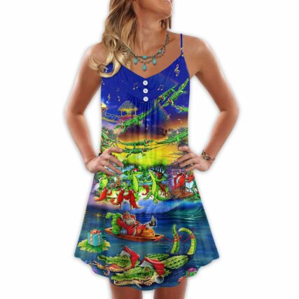 Christmas Santa Riding Alligator - V-neck Sleeveless Cami Dress - Owl Ohh - Owl Ohh