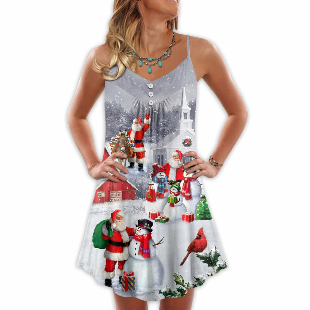 Christmas Santa Claus With Snowman Family In The Town Art Style - V-neck Sleeveless Cami Dress - Owl Ohh - Owl Ohh