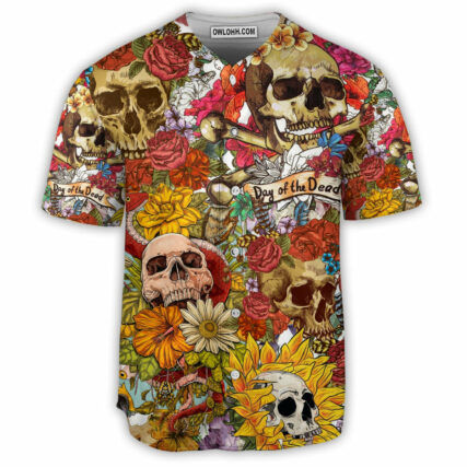 Skull Day Of The Dead Flower Skull - Baseball Jersey - Owl Ohh - Owl Ohh