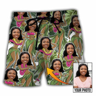 Black Woman Face Amazing Tropical Leaves Custom Photo - Beach Short - Owl Ohh - Owl Ohh