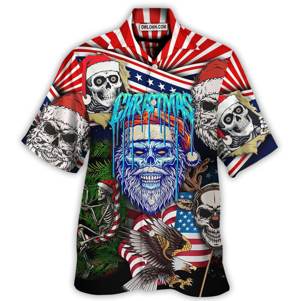 Skull Christmas US Flag Skeleton Horror Merry Christmas - Hawaiian Shirt - Owl Ohh - Owl Ohh