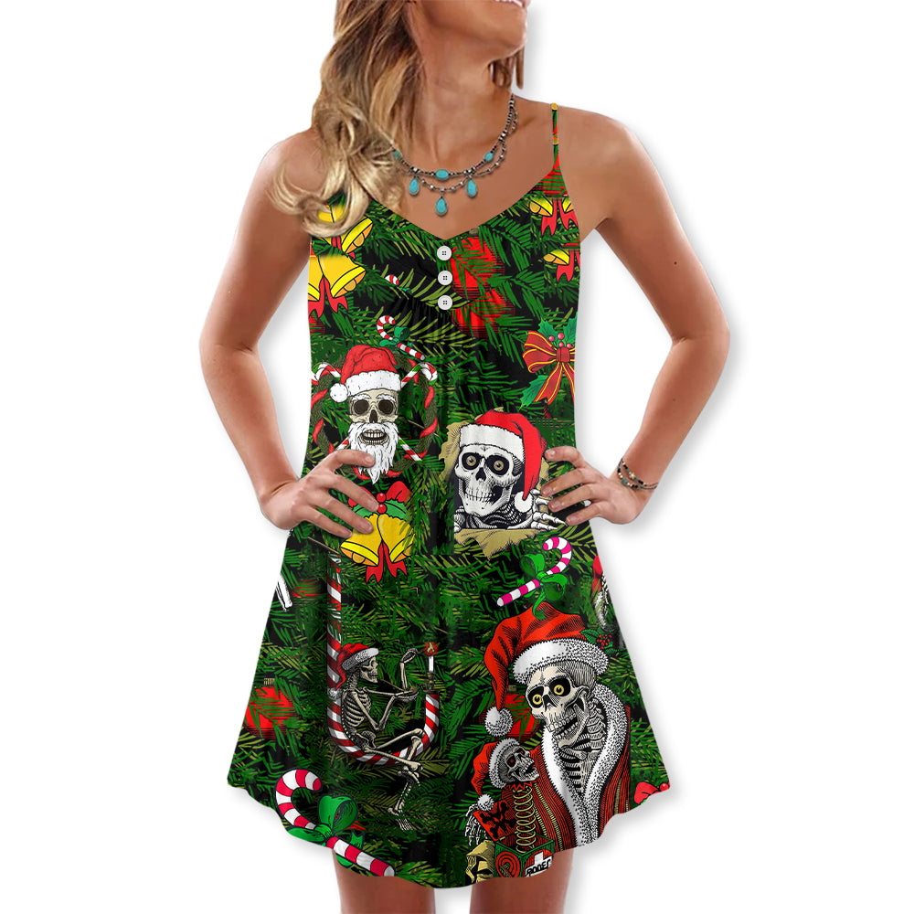 Christmas Skull Merry Xmas Happy - V-neck Sleeveless Cami Dress - Owl Ohh - Owl Ohh