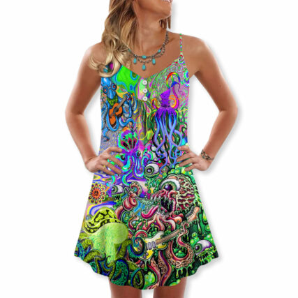 Hippie Funny Octopus Love Music - V-neck Sleeveless Cami Dress - Owl Ohh - Owl Ohh